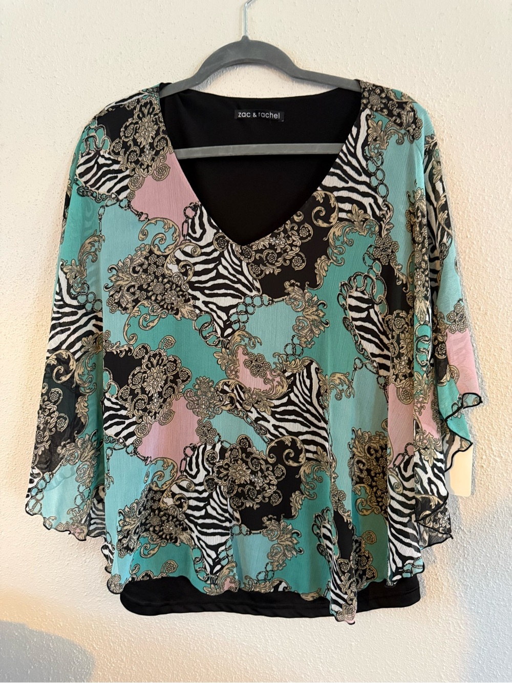 Zac & Rachel Teal Black Pink Zebra Print V-Neck Blouse